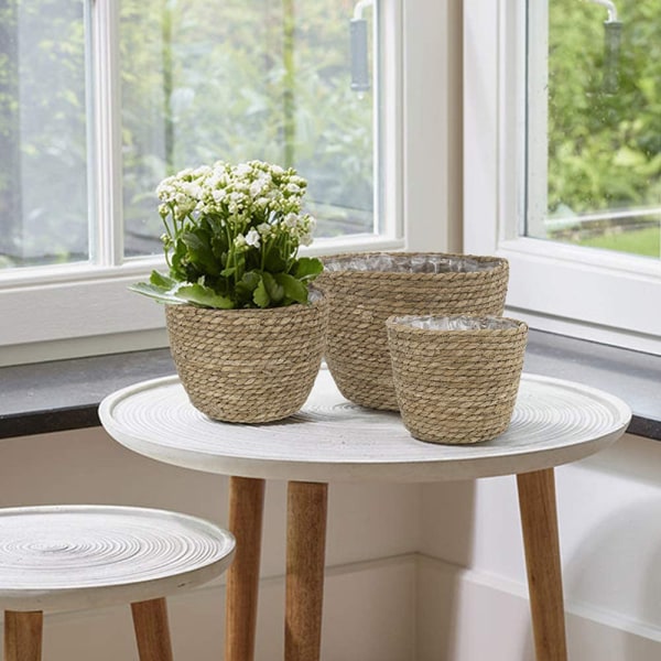 Gräs planteringskorg inomhus utomhus blomkrukor cover växtbehållare för hemmet Beige M