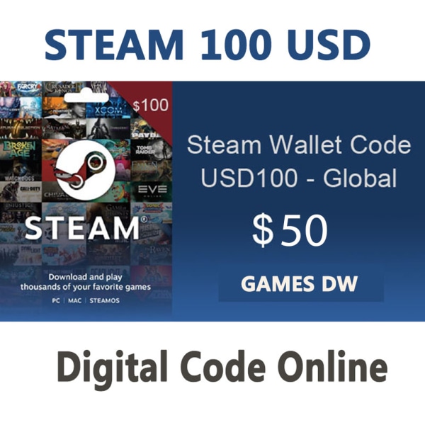 Steams $100,00 Virtuella presentkort Snabb ankomst Presentkort för virtuella spel för spelköp 50$