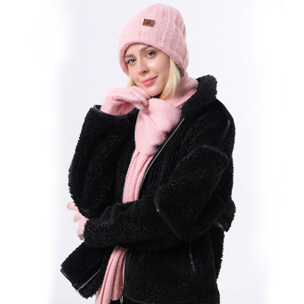 Vintermössa Halsduk Handskar Set Unisex Slouchy Halsduk Varm Stickad Mössa För Utomhus Pink