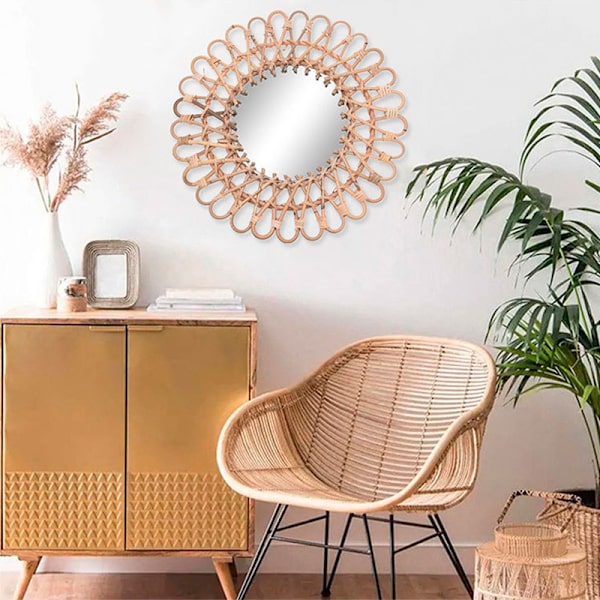 Handgjord stickningsspegel med flätad bindram Boho-stil dekorativ konst hemprydnad B