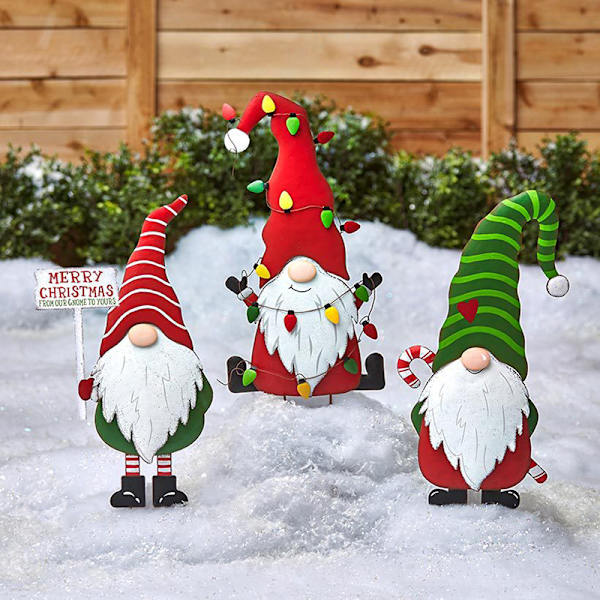 Metall Gnome Yard Stake Juldekorationer Utomhus Stake Uteplatsdekor A B C 3 Pack