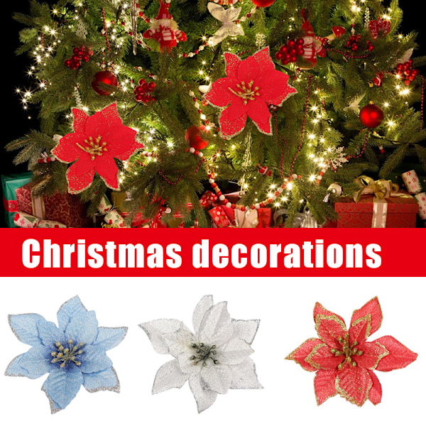 10st konstgjord julstjärna Blomma Jul Dekorativ Glitter Blomma Julgran Bröllopsdekoration Red 10pcs