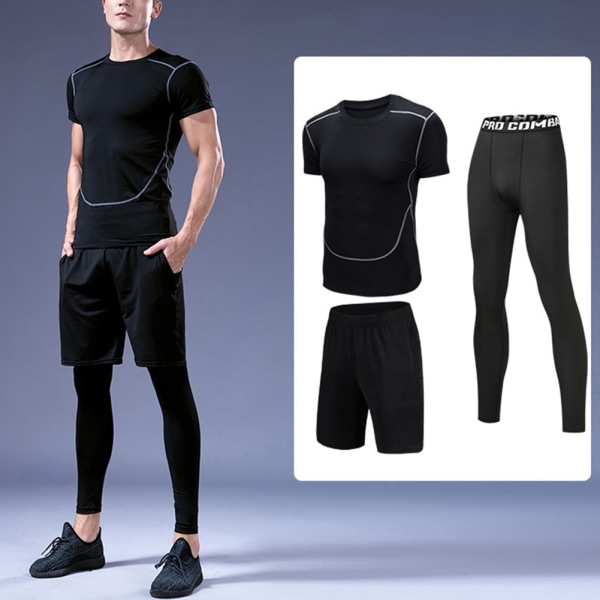 Herr Fitnesskläder Träningsoverall Andningsbar Svettabsorption 3PCS Set Kompression Sportbyxor Topp Shorts 3 Piece Set A 3XL