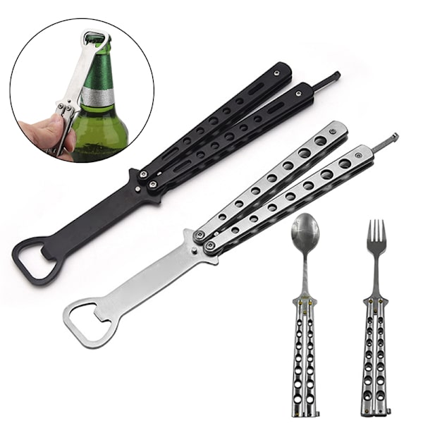 Butterfly Cutter Style Sked BBQ Tool Sked Gaffel Flasköppnare Vikbar Camping Vandring Grill Picknickredskap Spoon
