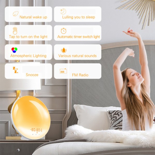 LED Wake Up Light Färgglad väckarklocka Nattljus Solnedgångssimuleringslampa Australian Charger
