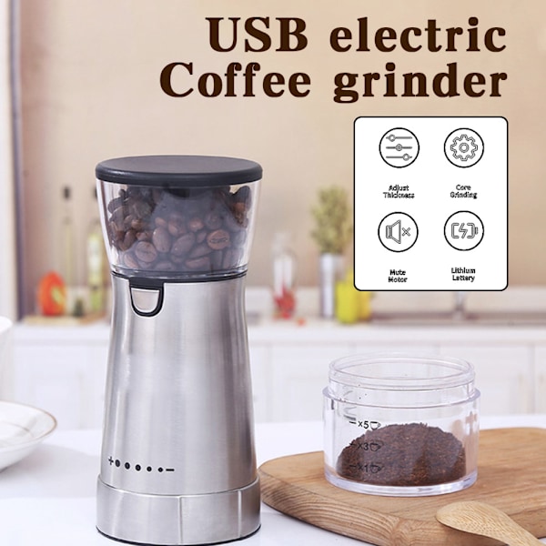 Elektrisk kaffekvarn Bärbar USB laddningsmaskin för kaffebönor med multi Silver