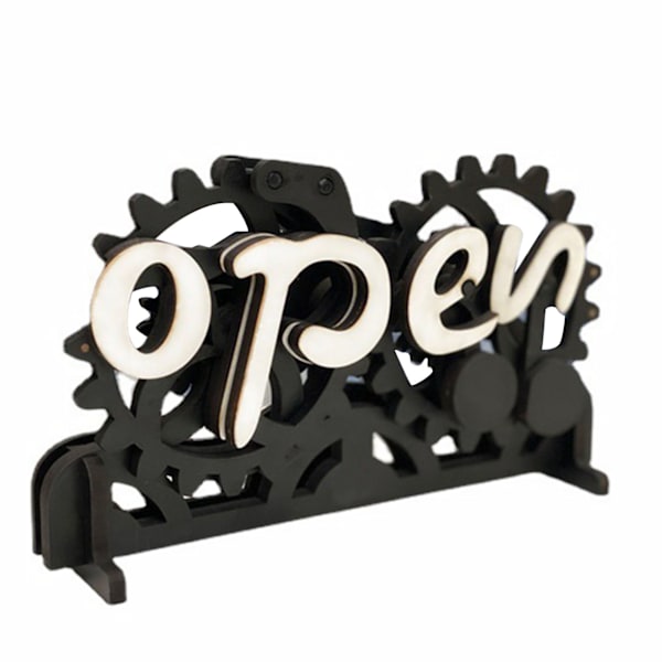 Öppen-stängd skylt växel bromsning och rolig typografi trä hantverk prydnad Black