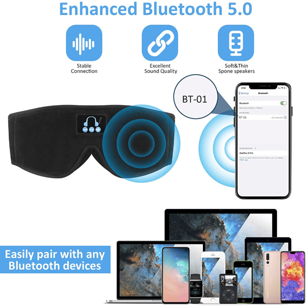 Trådlösa sovhörlurar Bluetooth 3D sovmask för resor, Gits för kvinnor män rosa