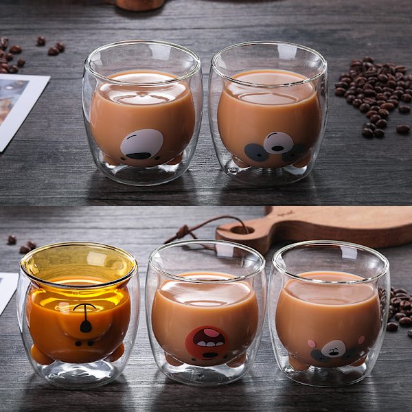 Tecknad Bear Cup Dubbellager Transparent Glas Cups Kaffe Mugg Par Gåvor 3