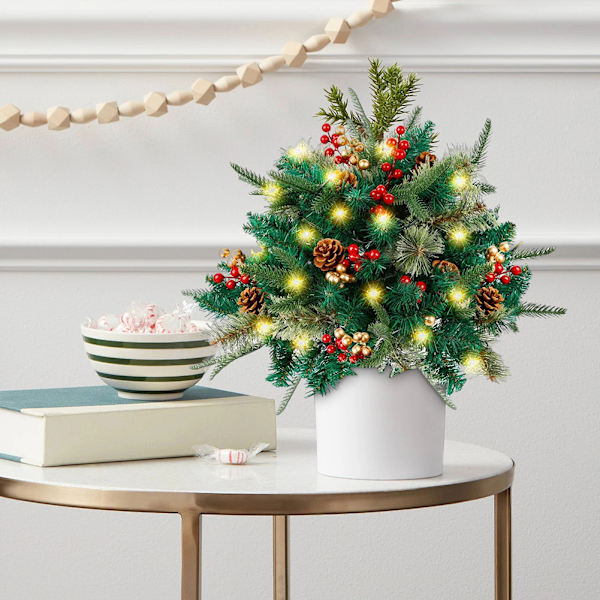 Ljusbelyst Konstgjord Julurna Fyllning, Förbelyst Tall med Kottar & Röda, Gyllene Bär med LED-Ljus, Tripod-Stake för Utomhus Julplanterare Single 46cm