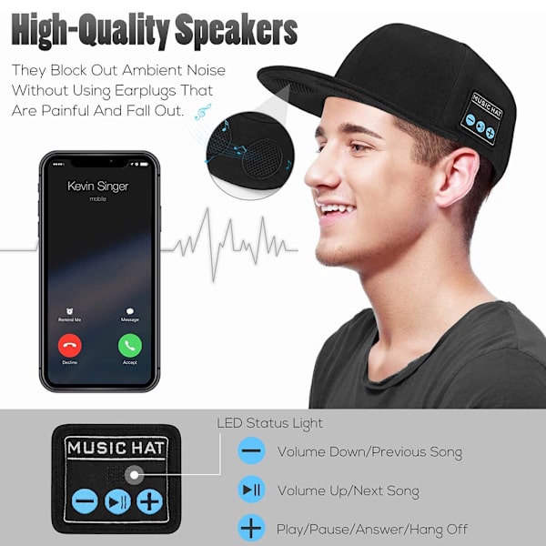 Mode smart högtalare solhatt Bärbar musikspelare solhatt för fiske löpning Black