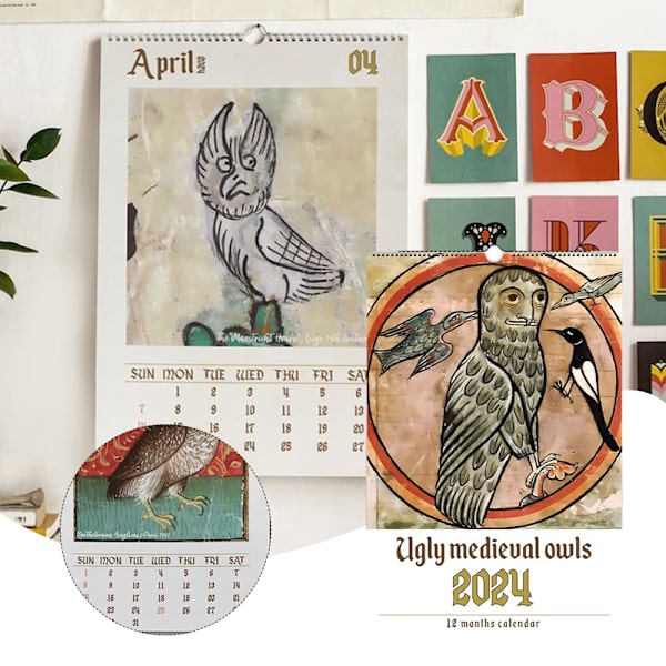 2024 Ugly Medieual Owl-Patern Wall Calendar Månadsvis visningskalender Idealisk present till nyår 2024