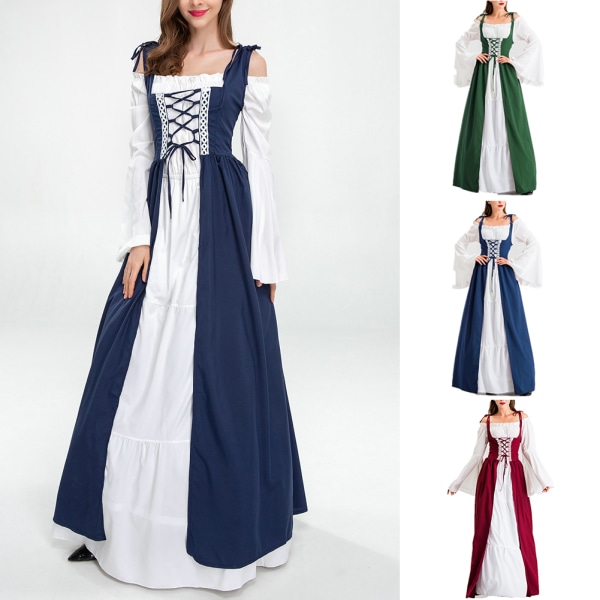 Kvinnors medeltida golvlång klänning kostymer långärmad prinsessa cosplay klänning för temafest Dark Green XXL