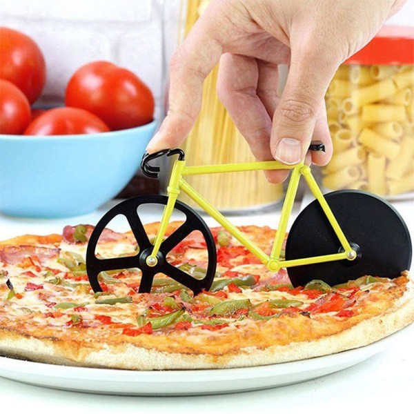 Pizzaskärare i rostfritt stål 2-hjulig cykelform pizzaskärare Pizzaverktygscykel rund pizzaskärare White