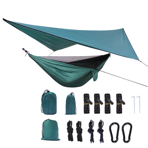 Camping Mesh Hängmatta Canopy Hängande Dubbel Hängmatta Med Myggnät Och Regn Flugpresenning Utomhus Bärbara Hängmattor Army Green