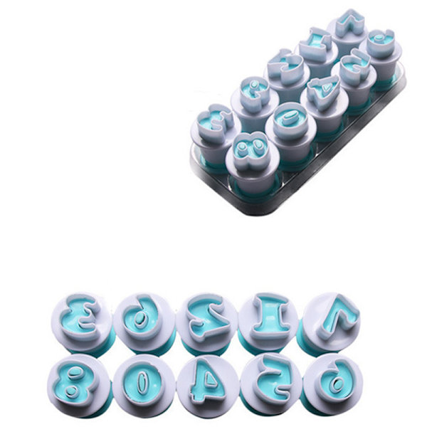 Engelska alfabetet / siffror Stämpel Impress Cookies Fondant Bokstavsskärare Prägling Kolv Bakning Dekorationsverktyg Lower Case Letters