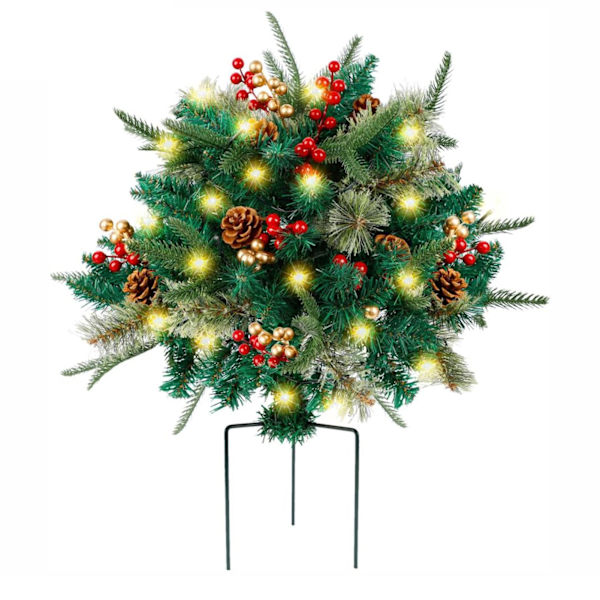 Ljusbelyst Konstgjord Julurna Fyllning, Förbelyst Tall med Kottar & Röda, Gyllene Bär med LED-Ljus, Tripod-Stake för Utomhus Julplanterare Single 40cm