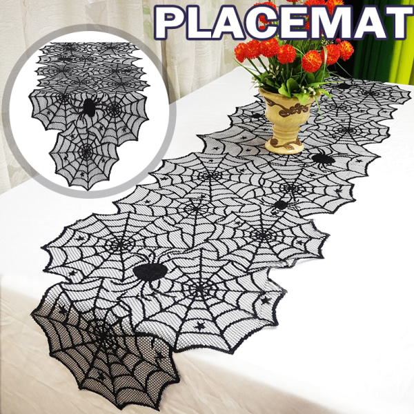 Bordslöpare Skrämmande spindelnät Cover Festprydnader Bordsduk för Halloween Hemmatbord Black
