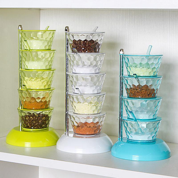 4/5-lagers kryddburkar med lock & sked Roterbar kryddkopp Klar ABS- organizer för smaksättning Green Five Layers