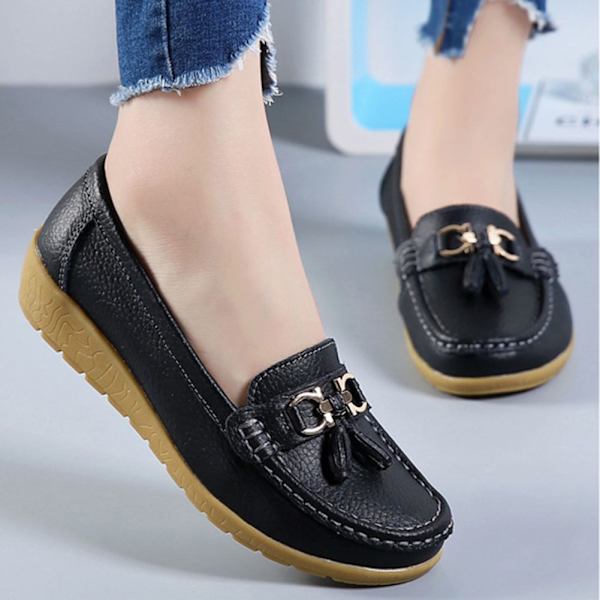 Kvinnors äkta läder Mjukt Bekväma Flat Loafers Handgjorda Casual Shoes Black 39