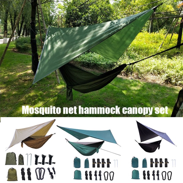 Camping Mesh Hängmatta Canopy Hängande Dubbel Hängmatta Med Myggnät Och Regn Flugpresenning Utomhus Bärbara Hängmattor Khaki