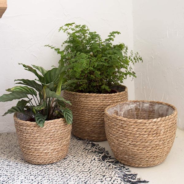 Gräs planteringskorg inomhus utomhus blomkrukor cover växtbehållare för hemmet Beige M