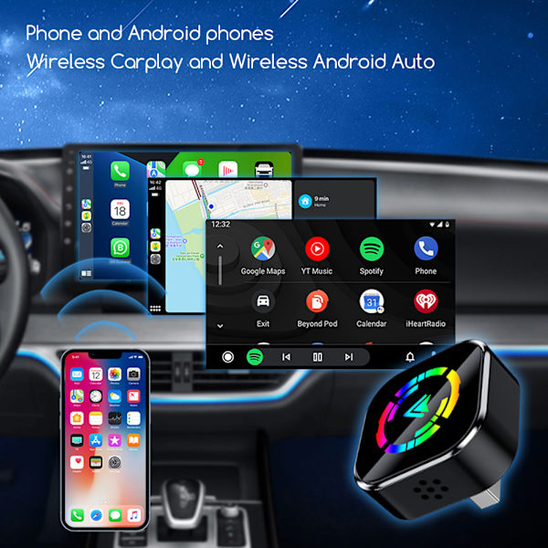Trådløs CarPlay & Android Auto Adapter – 2-i-1 Trådløs Adapter til iPhone & Android – Hurtig & Stabil Forbindelse for Problemfri Bilintegration A
