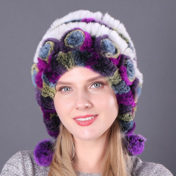 Rex Kaninpäls Beanie med Blomsterdekoration Vinterhattar Mode Mössa för Kvinnor Tjejer 8-Gray Purple