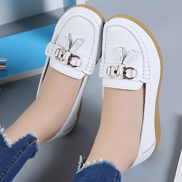 Kvinnors äkta läder Mjukt Bekväma Flat Loafers Handgjorda Casual Shoes White 41