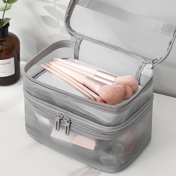 Bärbar Mesh Rese Kosmetisk Förvaringsväska Stor Kapacitet Lätt Toalettväska För Hem Hotell Makeup Beige Single Layer