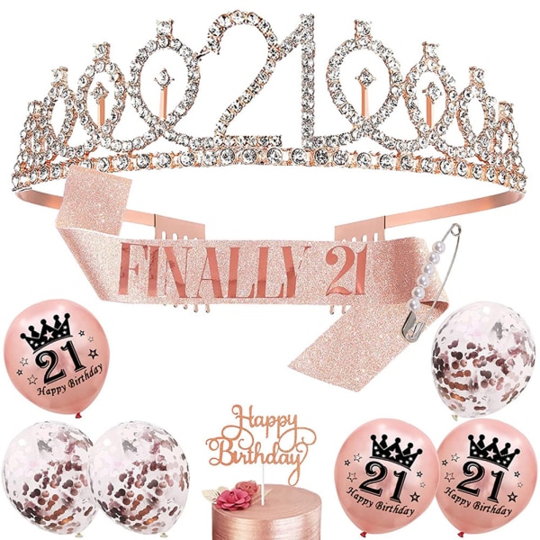 Födelsedagsballonger Set gnistrande strass tiara och skärp med tårta för kvinnor Rose Gold 21 Years Suits