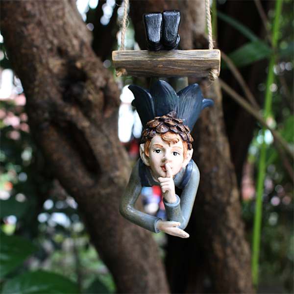 Tecknad Swing Elf Ornament Målat Harts Hantverk Utomhus Landskapshänge För Hem Trädgård Innergård Dekor Elves