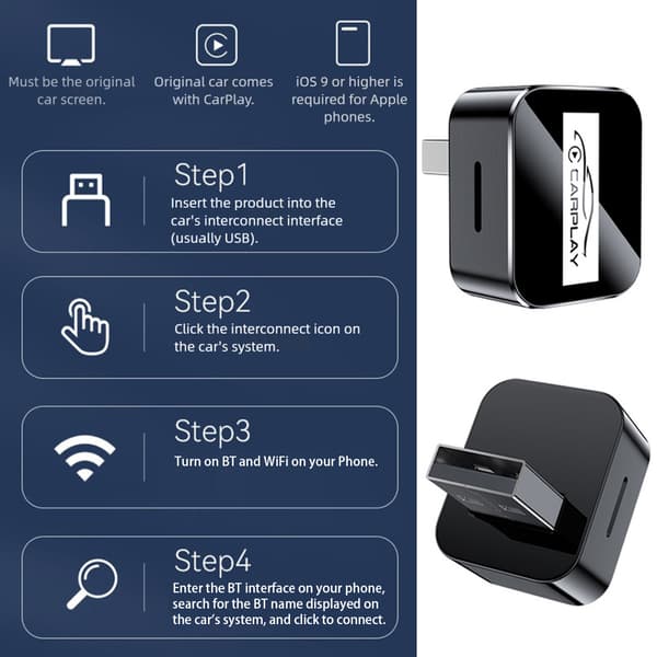 2-i-1 trådløs CarPlays Androids Auto kablet til trådløs adapter Smart USB-dongle Black
