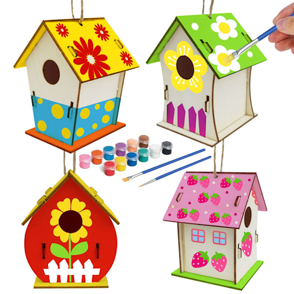 DIY Birdhouse Kit Intressant Lätt att montera Måla Trä Konst Hantverk För Barn Småbarn C