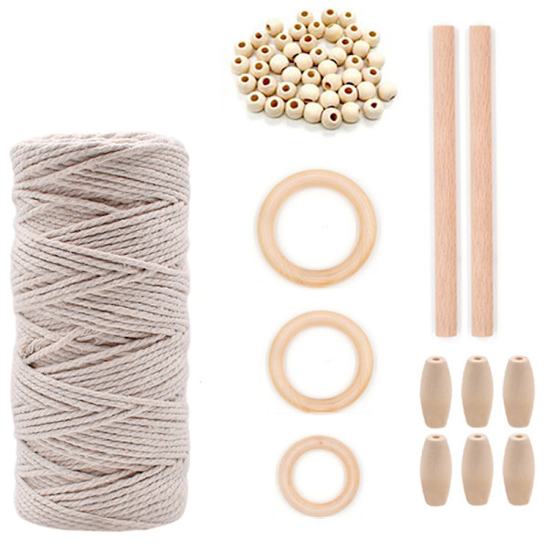 Macrame Kit Gör-det-själv gobeläng Macrame-tillbehör med träpärlor och ringar Naturlig bomullssnöre Hemhängare för nybörjare 5