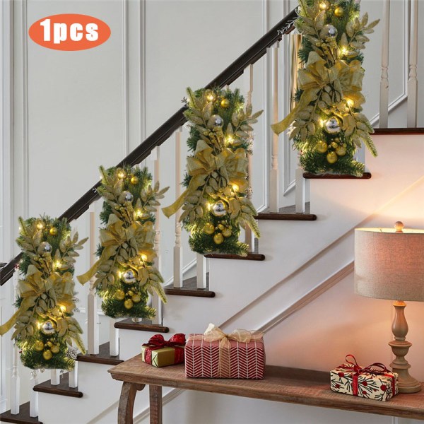 Sladdlös Prelit Stairway Swag Trim Lights Up Jultrappdekoration LED-krans Prelit Stairway Swag Trim Garland Red