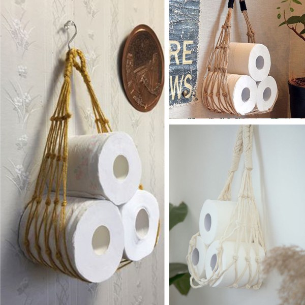 Handvävd rullpappershållare förvaringssnöreväska Boho Style Hängande bomullsrep Mesh för toalett badrum Brown