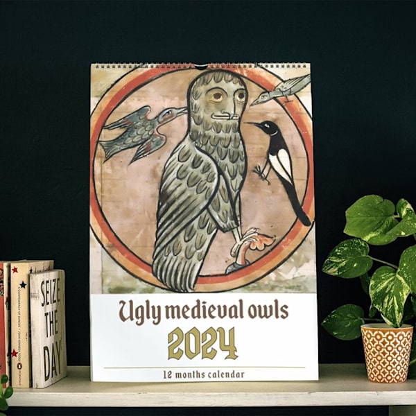 2024 Ugly Medieual Owl-Patern Wall Calendar Månadsvis visningskalender Idealisk present till nyår 2024