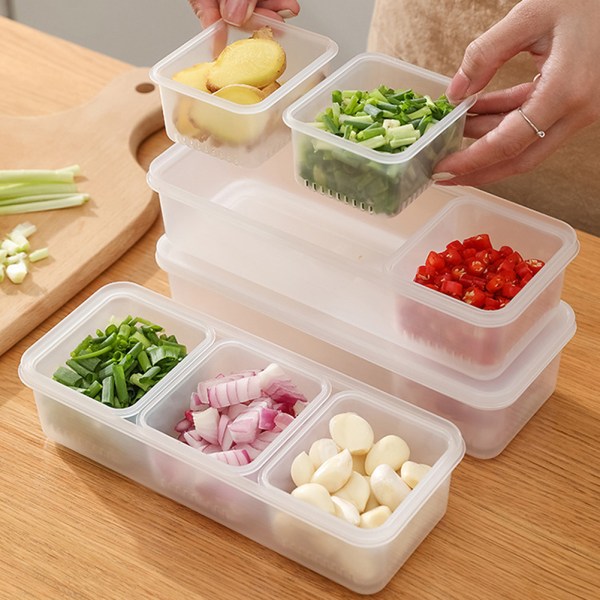Transparent case 3-Grids Kylskåp Matförvaringsbehållare 3 Compartments With Lid For Draining