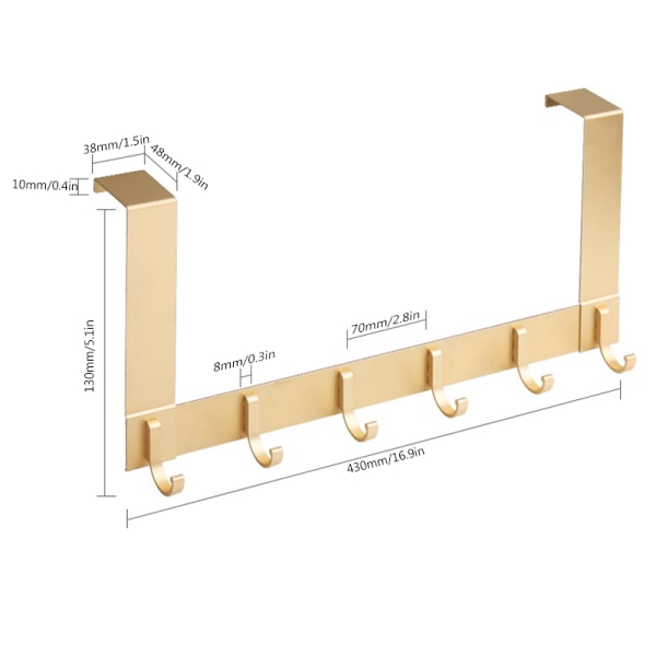 Dörrklädkrok med 6 klädkrokar i aluminium för 35-45 mm tjocka dörrar Stansfri dörrhängare för att hänga rockar hattar Gold 20cm