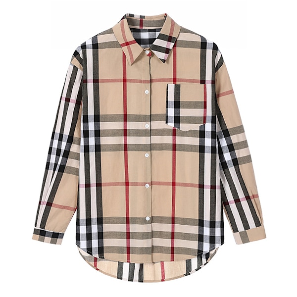 Rutig skjorta dam Klassisk långärmad krage blus knapp med manschett vår höst Casual toppar för flickor Khaki L