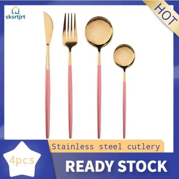 【Färdigt lager】 4 st/ 1 set gaffelsked svart guld set i rostfritt stål porslin bestick set middag Pink
