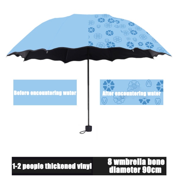 Bärbara damparaplyer Vindtäta 3-vikbara blommor i vatten ändrar färg Anti-UV sol/regn paraply Blue