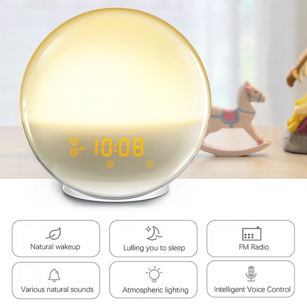 Sunrise Väckarklockor Wake-Up Light Dimbar Färgglada Lampor Radio För Barn Sovrum Kontor White  EU Plug