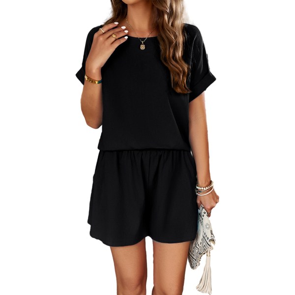 Casual enfärgad T-shirt med korta byxor Bekväma andningsbara kläder för kvinnor dagligt slitage Black M