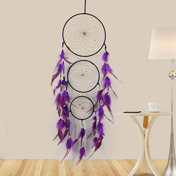 Drömfångare Fjäderprydnad Handgjord 3-ring Hängande Väggkonst Stor Väggdekor För Hemdörr Hotell 78cm Lång Totalt Purple