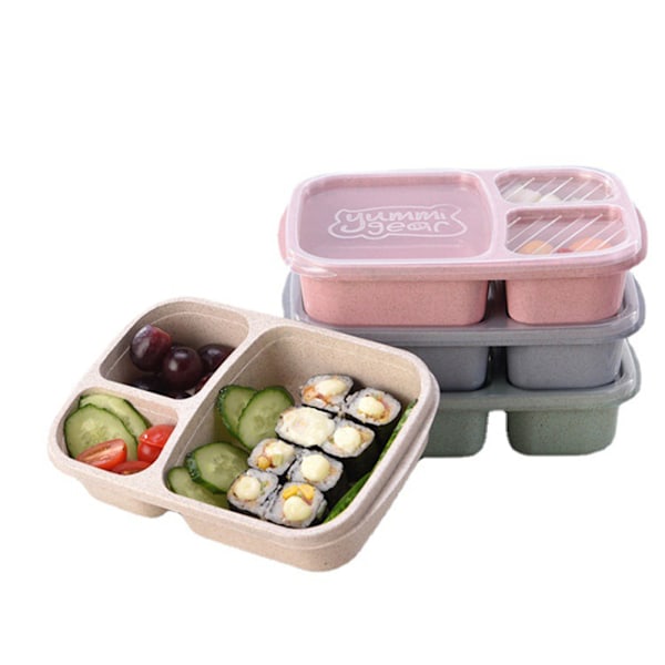 3-fack lunchlåda i vetefiber, läckagesäker, mikrovågsugnssäker matbehållare för arbete, skola, resor Mix Color