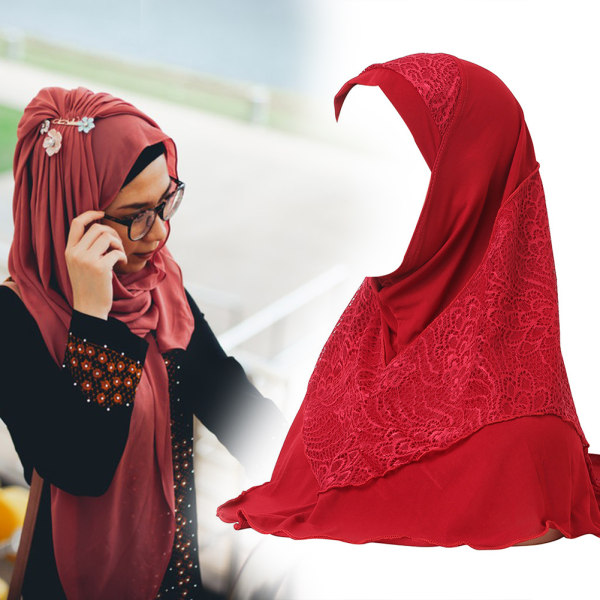 Enkel Muslims Hijab Cap med Spets Lätt Scarf Sjal För Kvinnor Flickor Maroon Red