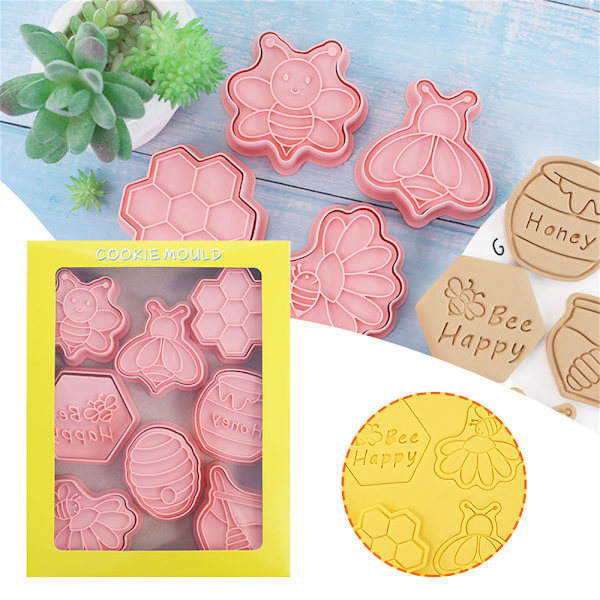 8 st Cartoon Bee Cookie Stencil 3D Kex Stencil Plast Baking Stencil