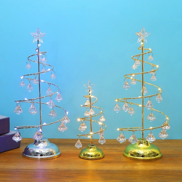 Kristall julgran​ Belysning Metall tomteträd med akryl hänge lysande prydnad Nyårspresent för semester Silver White L